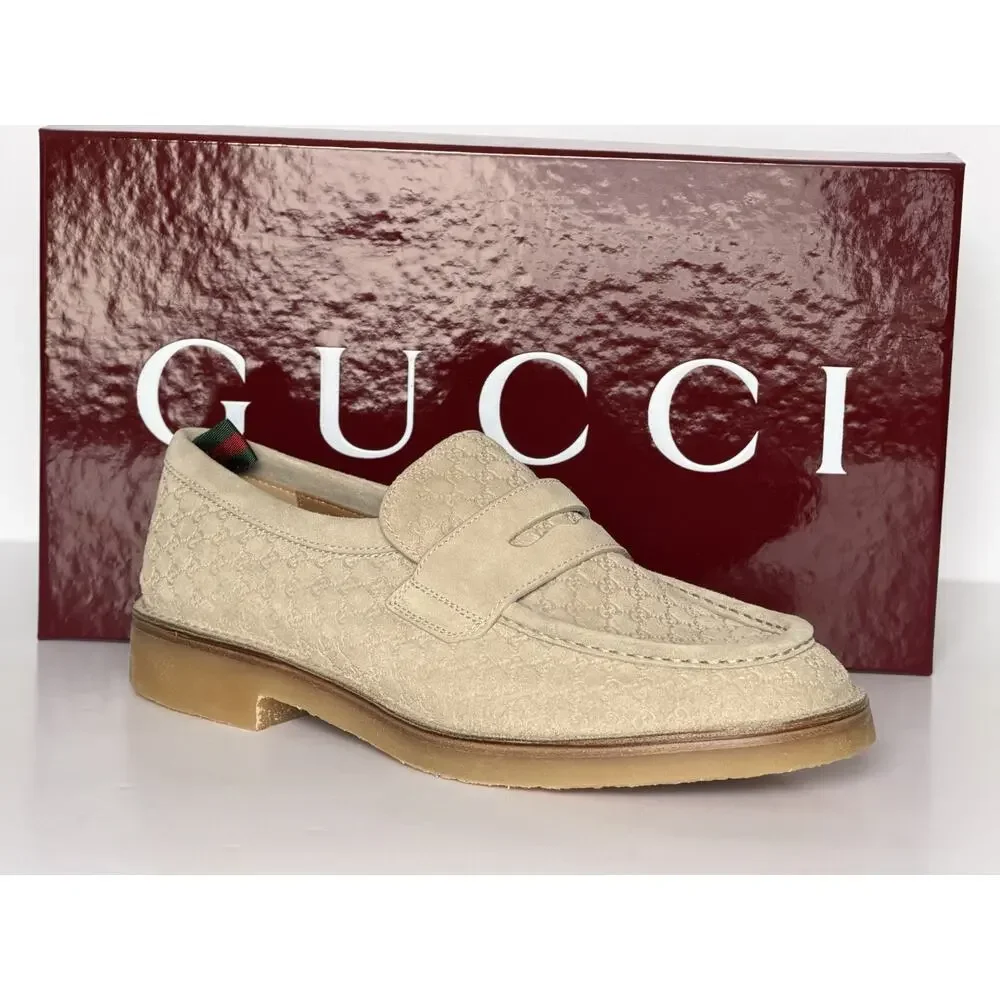 Gucci Mens GG Monogram Suede Loafers Shoes Oatmeal 9.5 US (9 Gucci) 831289 NIB